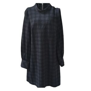 Calvin Klein gray window pane check long sleeve high collar shift dress.…